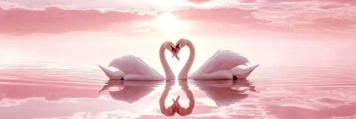 Tuinposter Beautiful Valentines day card with two swans creating a heart shape on a pink lake © World of AI