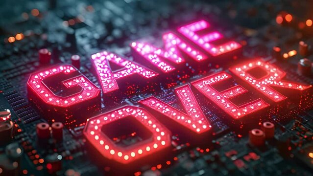 Game Over blue pink neon text effect illustration on dark Background. Element for Isolated transparent video animation text. Video games concept animation moving