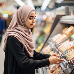 A Muslim girl in a hijab chooses groceries in a grocery store.