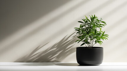 Potted Plant with Dramatic Shadows on a White Surface,Modern Minimalism concept