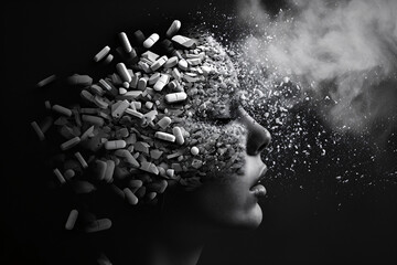 Pill addiction concept, double exposure photo of a woman's head and pills, opioid crisis, substance abuse