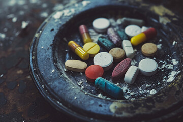 Different pills in a dirty tray depicting the concept of drug addiction, the opioid crisis, or pill abuse - obrazy, fototapety, plakaty