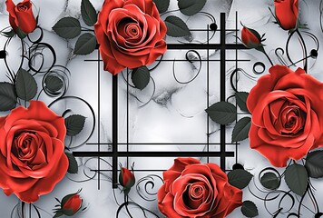 roses with square geometric frames on the background, in the style of realistic forms, recycled material murals, red and gray, lively illustrations, floral accents, minimalist stage designs.