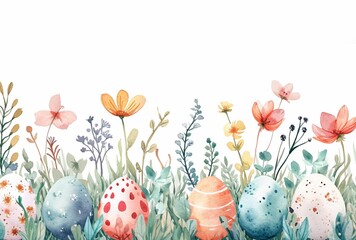 Happy Easter hand drawn watercolor greeting card with decorated Easter eggs and blossoming flowers and plants. Springtime holiday abstract banner template in pastel colors with copy space for text.  - obrazy, fototapety, plakaty