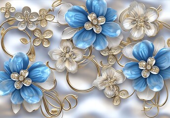background of the blue and white flowers, in the style of jewelry by painters and sculptors, light gold and silver.