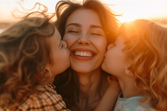 A happy mother getting a kiss on the cheek by her two young children outside during sunset
