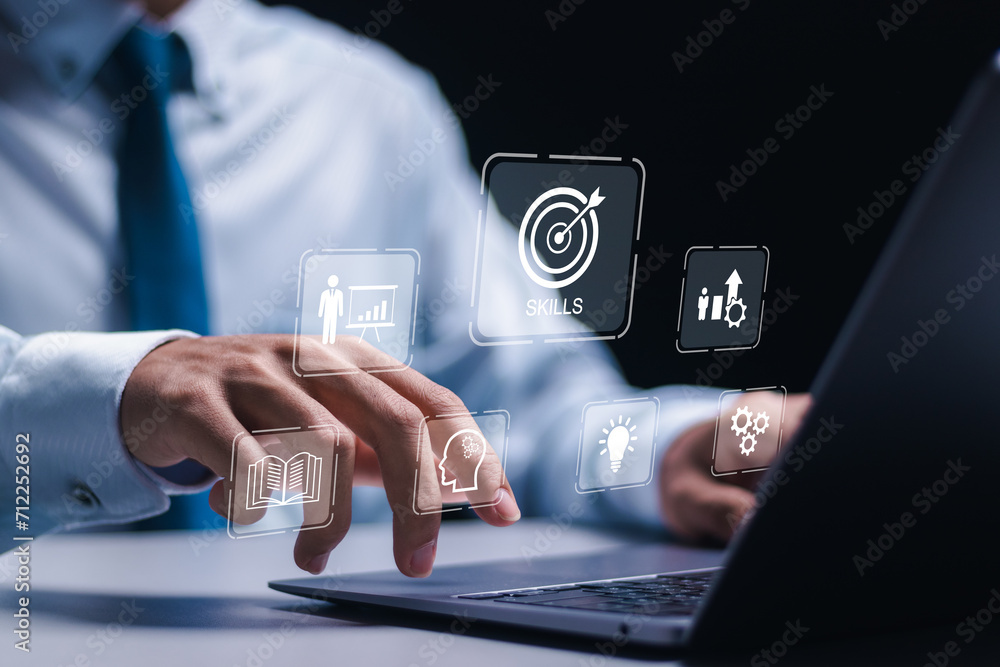 Poster skill knowledge ability business concept. businessman use laptop with virtual icon of skill for busi