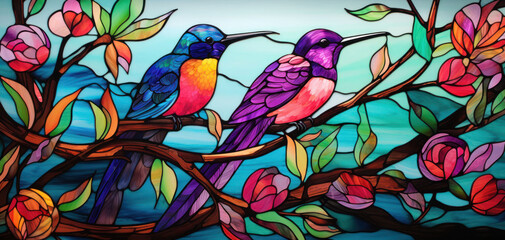 Stained glass colorful background with two birds sitting on a branch with spring flowers decoration as wallpaper illustration	