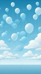 Obraz premium Blue balloons on blue sky and clouds background. Birthday or party mockup festive greeting card.