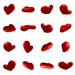 Set of 3D Red Perspective Heart Isolated on Transparent Background