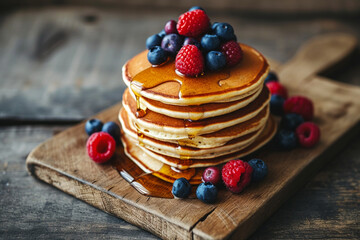 A stack of pancakes with fresh berries on grey background