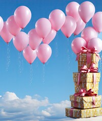 Pink balloons and gift boxes on blue sky background. Birthday or party mockup for planning. Festive greeting card.