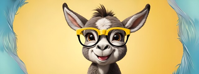 Cute baby donkey wearing spectacles isolated on solid pastel background, baby donkey wallpaper for kids, Creative animal concept, commercial, editorial advertisement background