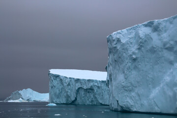Icebergs from Jakobshavn Glacier also known as Ilulissat Glacier or Sermeq Kujalleq in the Ilulissat Icefjord in Disko Bay, Greenland, Denmark