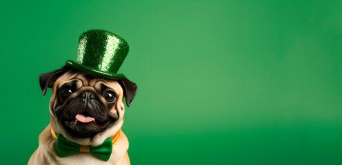 St. Patrick's Day. Pug dog in a leprechaun hat on a green background. St Patricks day pug puppy dog sitting down with green top hat. Copy space. - obrazy, fototapety, plakaty