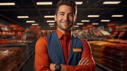 Portrait of storage professional employee. Handsome smiling male warehouse worker in vest uniform looking at camera posing at workplace indoors on shelves with goods and cardboard boxes on background