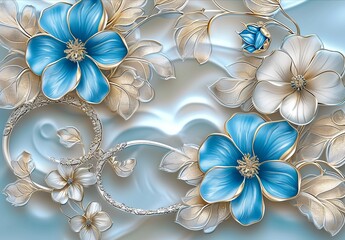 Blue flowers on a blue background, in the style of jewelry by painters and sculptors, light silver and light gold, light beige and turquoise, uhd image, decorative details. 