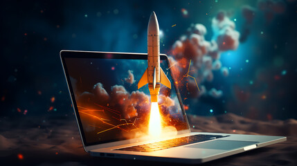Illustration of a rocket taking off from laptop screen. Generative AI
 - obrazy, fototapety, plakaty
