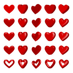 Set of 25 3D Red valentine Heart Collection Isolated on Transparent Background