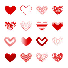 Set of 16 Red valentine Heart Collection Isolated on Transparent Background