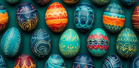 Richly colored Easter eggs with detailed floral patterns nestled against a dark teal background, showcasing traditional festive artistry.
