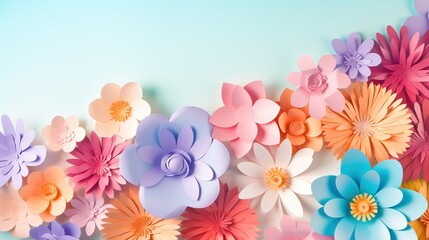 Abstract panoramic floral wallpaper with colorful paper flowers. Beautiful floral paper background. Generative AI