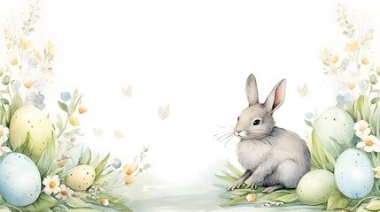 Happy Easter day, border with cute Easter rabbit, eggs, spring flowers in pastel colors on light ,green white background. Isolated Easter watercolor decoration elements.