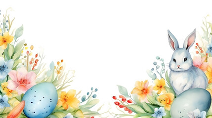 Happy Easter day, border with cute Easter rabbit, eggs, spring flowers in pastel colors on light ,green white background. Isolated Easter watercolor decoration elements.