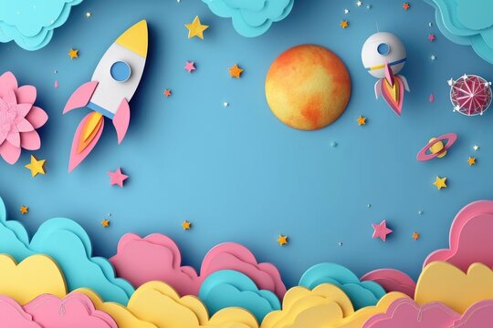 paper cut style border with copy space with rockets and planets, kids card, flat lay. ai generated