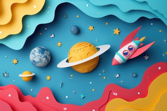 paper cut style border with copy space with rockets and planets, kids card, flat lay. ai generated