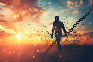 A person breaking the chains that are holding them down, autonomy, personal development, liberty concept - 712256448