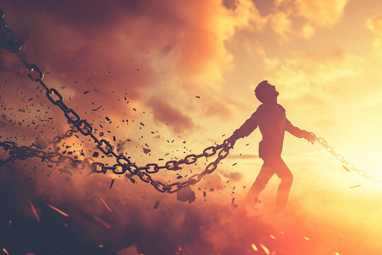 A person breaking the chains that are holding them down, autonomy, personal development, liberty concept