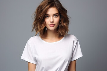 Obraz premium Woman in White Tshirt Mockup created with Generative AI
