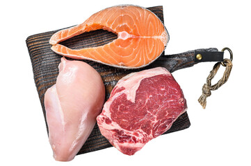 Set of raw meat steaks salmon, beef and chicken.  Transparent background. Isolated.