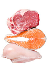 Different types of raw meat steaks Beef striploin, salmon and chicken breast.  Transparent...