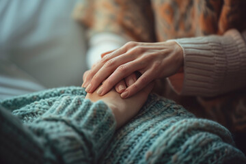 A woman compassionately holding the hand of a another woman close-up