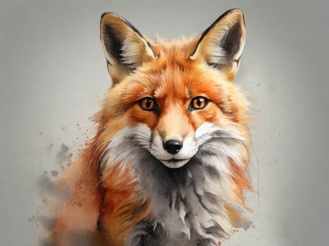 Portrait of a fox painted in watercolor on a gray background. Nature conservation concept
