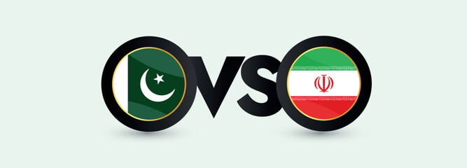 Pakistan vs Iran. Pakistan vs Iran conflict, raising war tension. Pakistan and Iran flags in round shape.  - obrazy, fototapety, plakaty