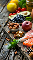 Healthy foods concept, nuts, fruits and salmon on a wooden plate