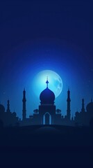 A Majestic Mosque Under the Moonlight. Eid Mubarak. Ramadhan Kareem