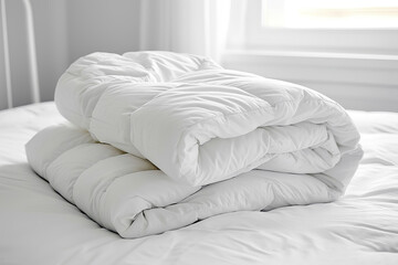 Close up of white folded duvet lying on the bed in background of a modern bedroom. - obrazy, fototapety, plakaty