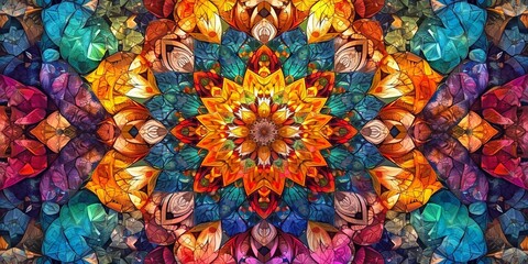 A mesmerizing kaleidoscope of vibrant colors, intricate geometric patterns, symmetrical shapes.