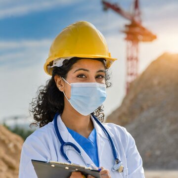 Doctoresse sur un chantier.