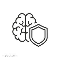 brain with shield icon, mental health protection, save mental health, thin line symbol on white background - editable stroke vector illustration eps10