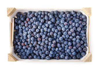 Blueberry berries fresh harvest in the wooden box. Isolated