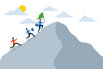 business team running to reach the top of the mountain, successful business, leadership to lead the team to achieve the goal, motivation and teamwork to succeed, challenge to achieve the target.