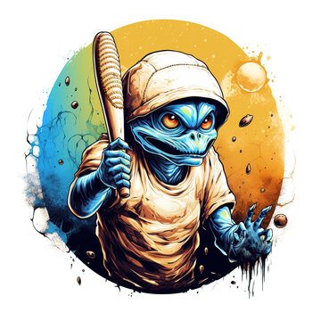 alien in the baseball  design, best for t-shirt screen printing, generative AI