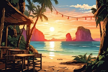 cozy cafe on tropical beach summer vacation illustration - obrazy, fototapety, plakaty