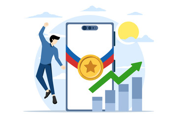 Winner concept with prize. Characters celebrate first place wins with gold trophies, medals, and other winning trophies. Business goals, achievements and success. Vector illustration.