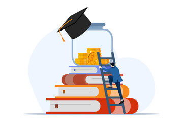 Education loan concept. Student character invests money in education, takes out student loans. Concept of university and tuition fees. Flat vector illustration on white background. - obrazy, fototapety, plakaty
